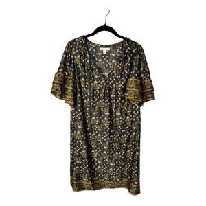 Chelsea & Violet Green Gold Floral Short Sleeve Tasseled Tunic Dress M